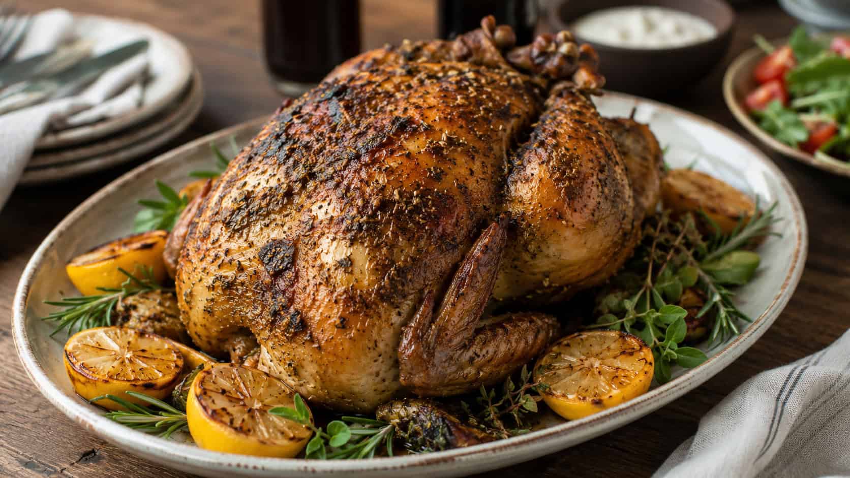 a whole za'atar roasted chicken with crispy golden skin on a platter surrounded by roasted lemon and herbs, on a rustic dinner table, natural light, shallow depth of field, wide horizontal landscape composition