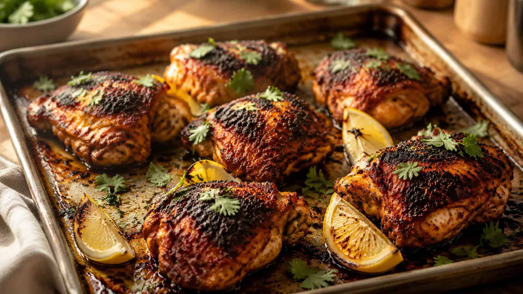 charred red harissa chicken thighs on a sheet pan with lemon wedges and cilantro, on a warm kitchen surface, natural light, shallow depth of field, wide horizontal landscape composition