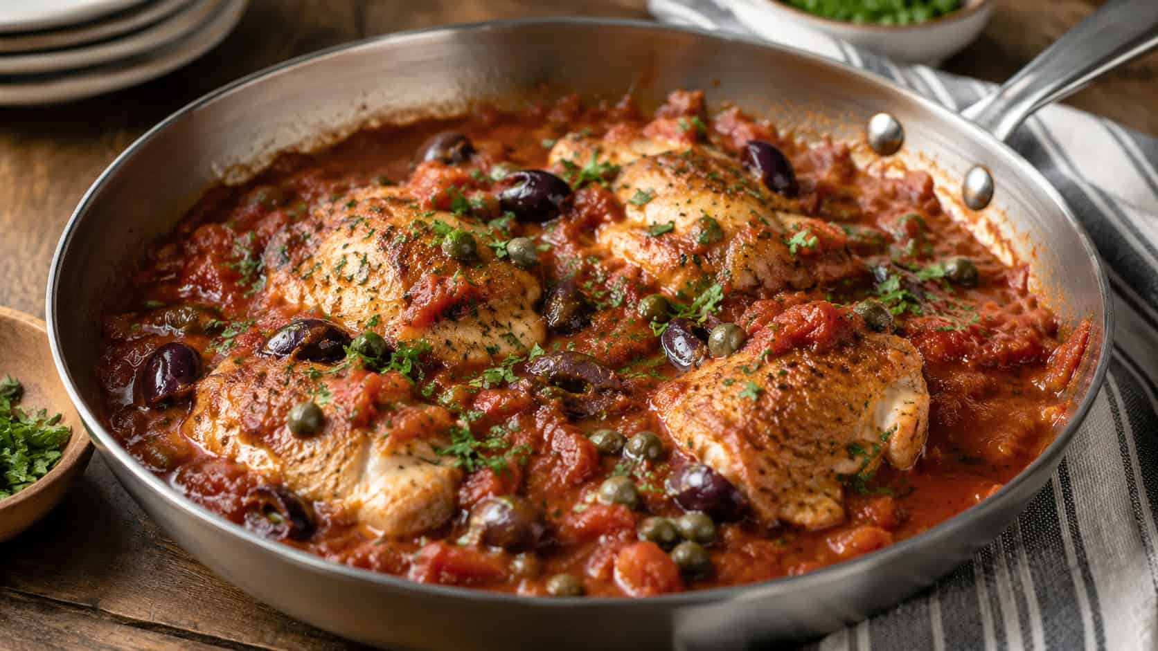chicken puttanesca in a rich red tomato sauce with olives and capers in a skillet, garnished with parsley, on a rustic table, natural light, shallow depth of field, wide horizontal landscape composition
