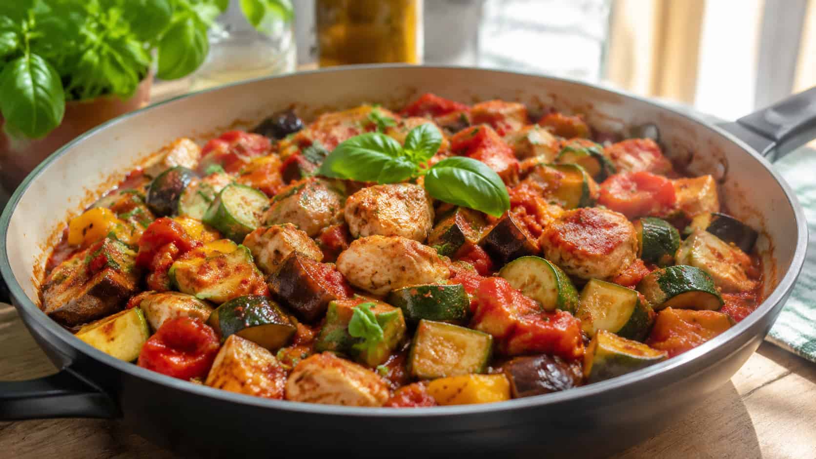 chunky ratatouille with chicken full of zucchini, eggplant and peppers in a wide skillet, garnished with basil, on a sunny kitchen table, natural light, shallow depth of field, wide horizontal landscape composition