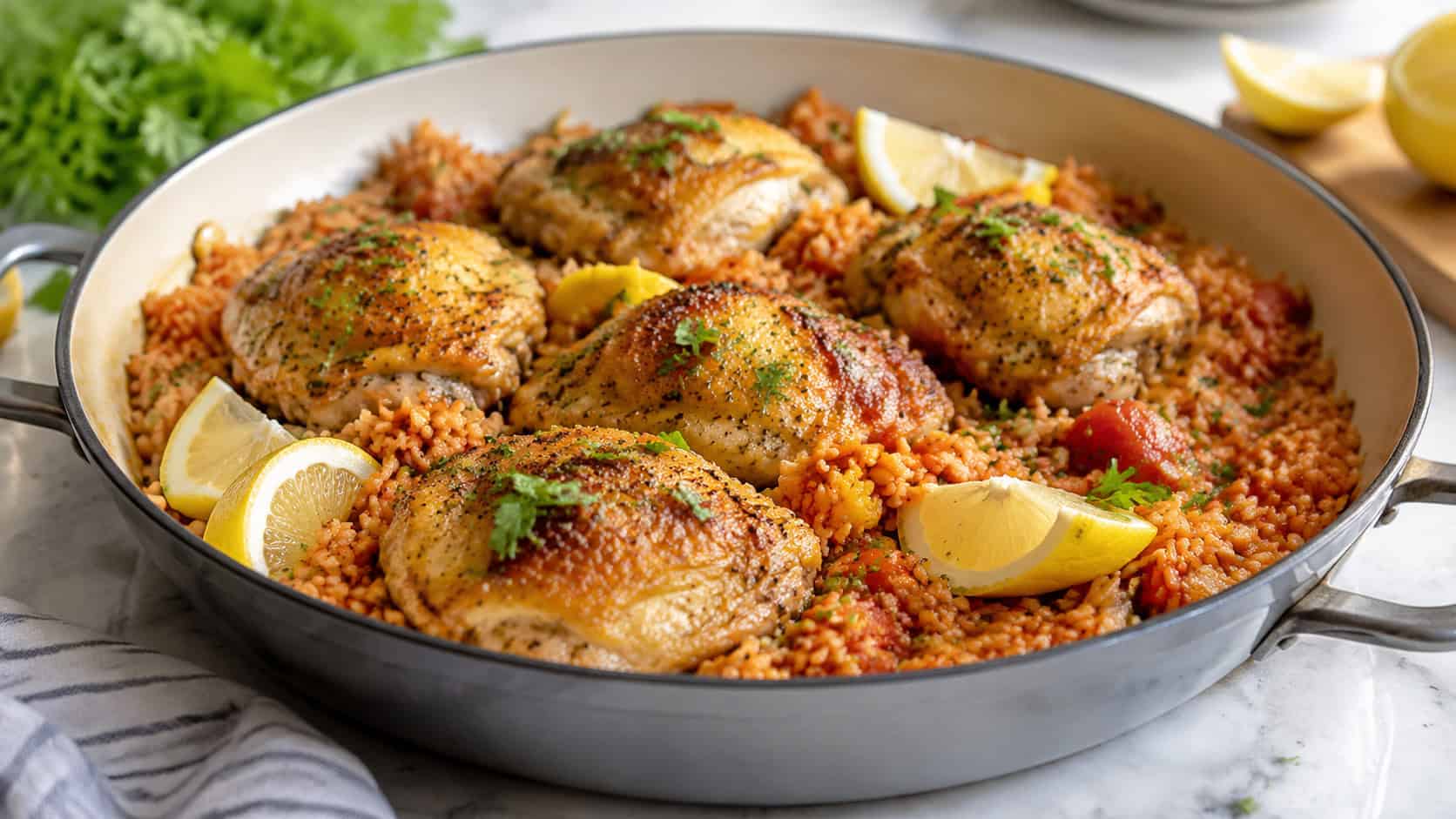 golden chicken thighs over fluffy tomato rice in a wide skillet, garnished with parsley and lemon, on a bright kitchen counter, natural light, shallow depth of field, wide horizontal landscape composition