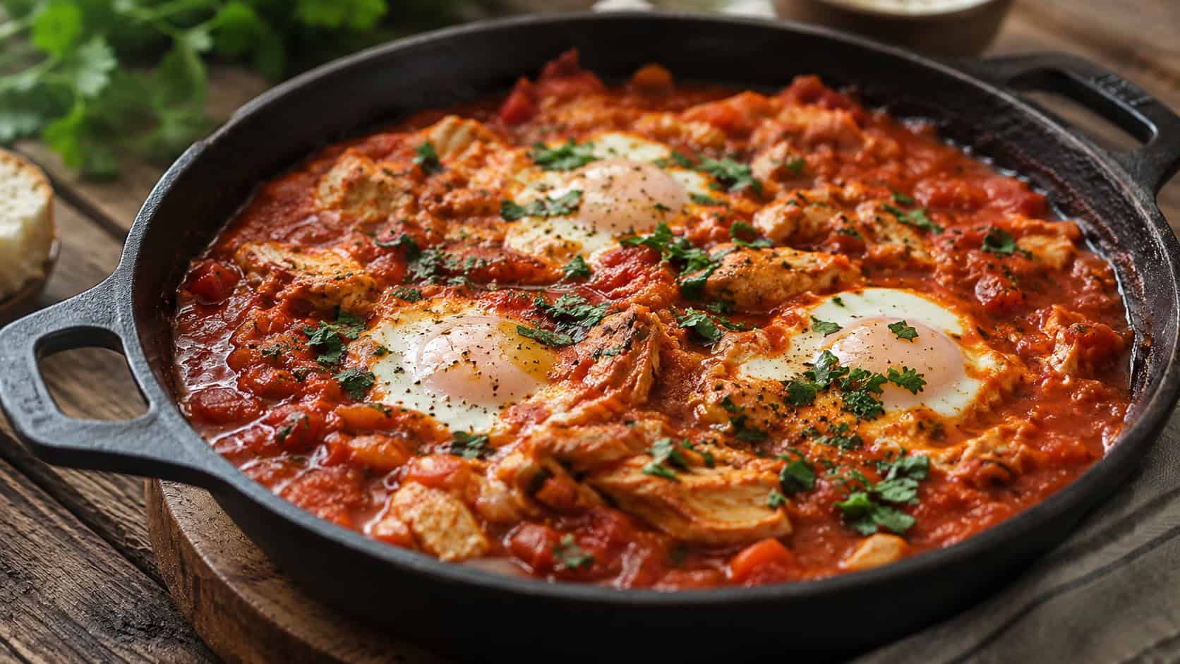bubbling shakshuka with chicken and poached eggs in a red tomato sauce in a cast iron skillet, sprinkled with herbs, on a rustic table, natural light, shallow depth of field, wide horizontal landscape composition