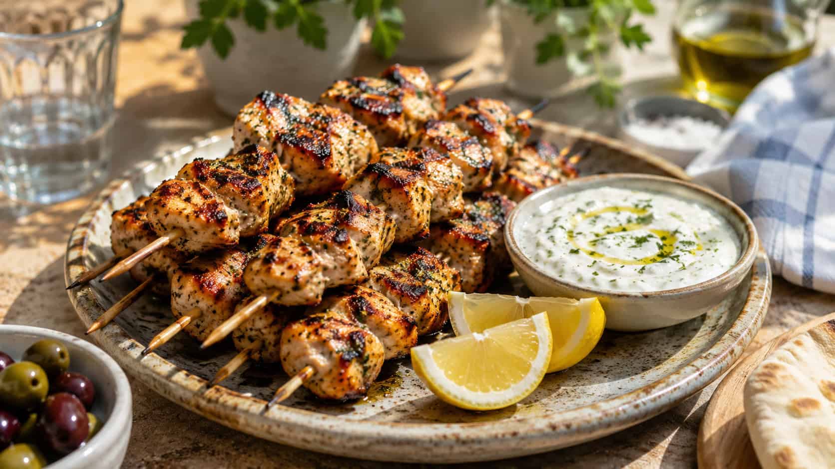 golden charred chicken souvlaki skewers piled on a rustic plate with a bowl of creamy yogurt and lemon wedges, on a warm Mediterranean tabletop, natural light, shallow depth of field, wide horizontal landscape composition