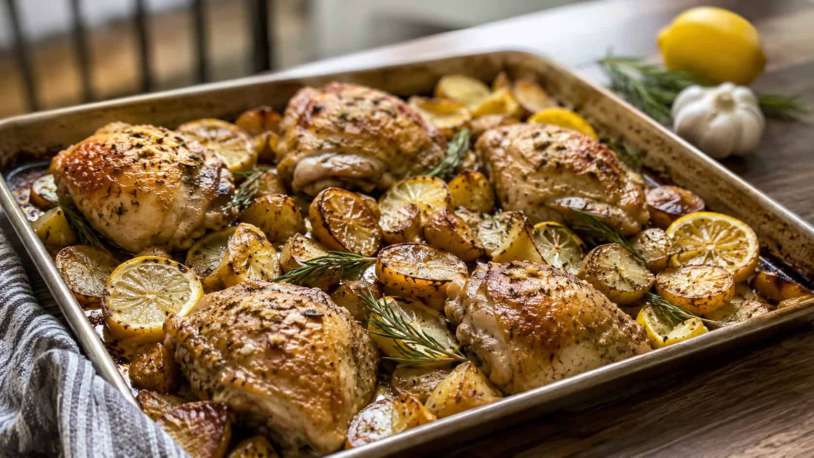 a rosemary lemon chicken bake with golden thighs and crispy potatoes on a sheet pan with lemon slices, on a wooden kitchen table, natural light, shallow depth of field, wide horizontal landscape composition