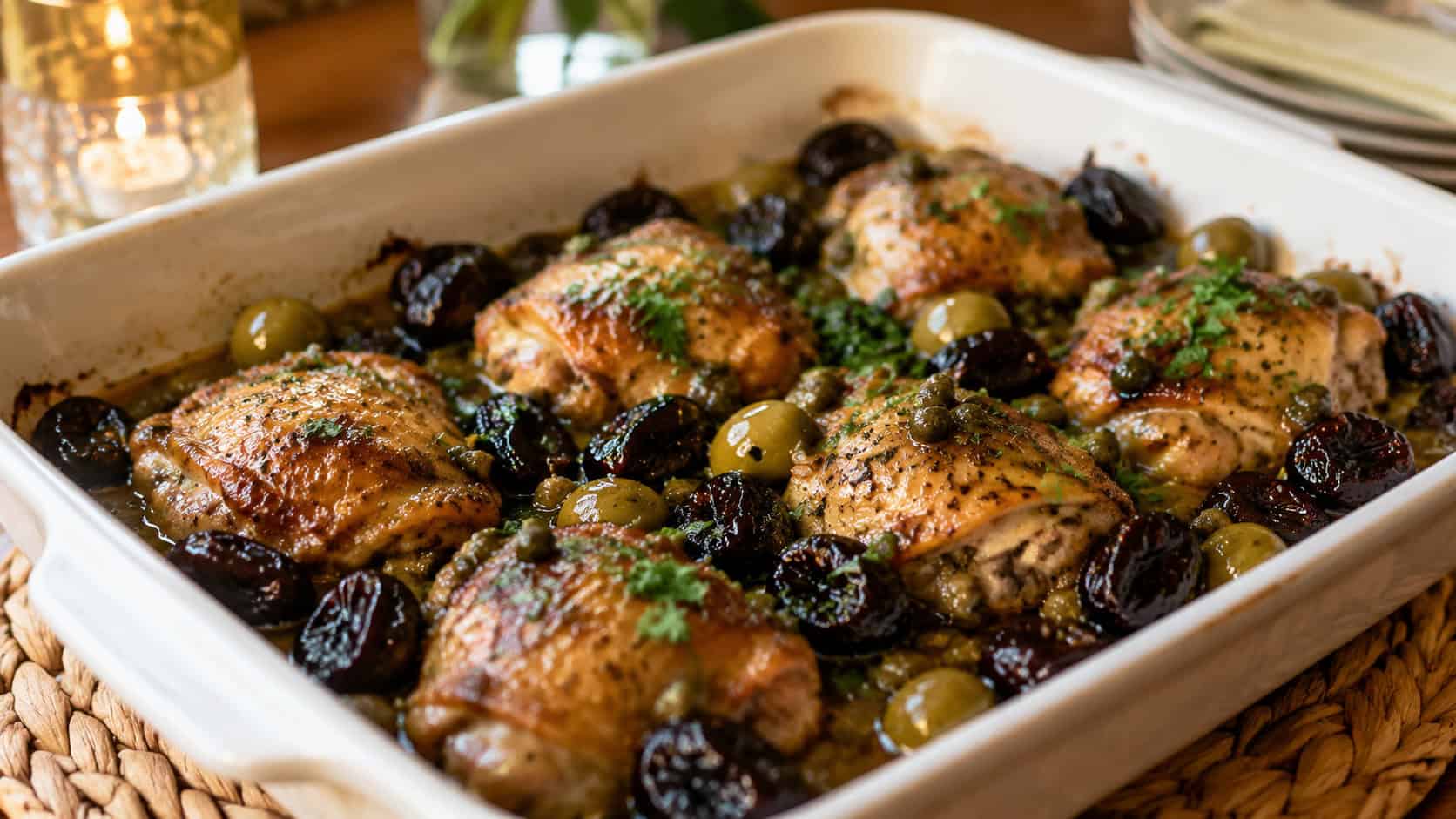 chicken marbella with glossy prunes, olives and capers in a baking dish, garnished with parsley, on a warm dinner table, natural light, shallow depth of field, wide horizontal landscape composition