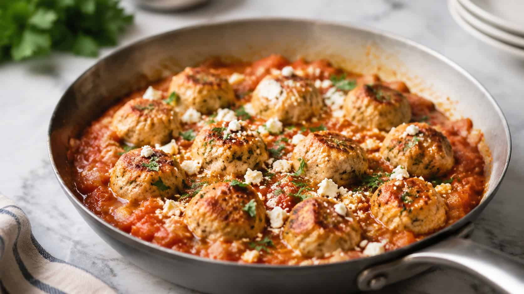Mediterranean chicken meatballs in a light tomato sauce sprinkled with feta and parsley in a skillet, on a bright counter, natural light, shallow depth of field, wide horizontal landscape composition