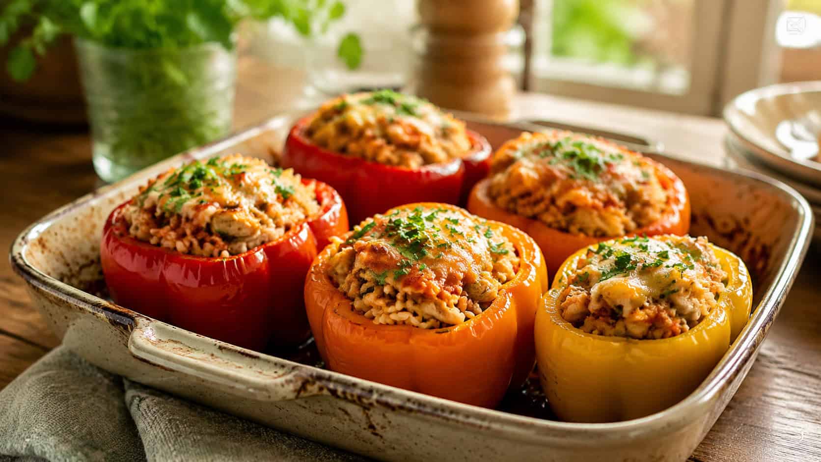 baked stuffed bell peppers filled with chicken and rice in a baking dish, garnished with parsley, on a rustic kitchen table, natural light, shallow depth of field, wide horizontal landscape composition