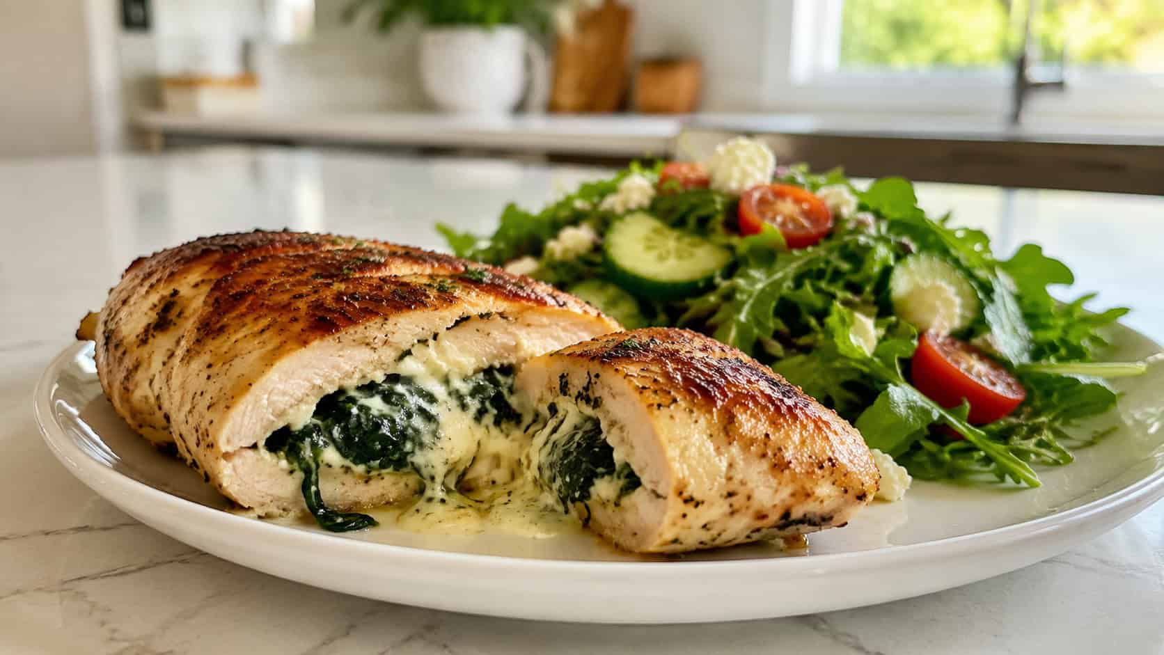 sliced stuffed chicken breasts oozing melted feta and spinach on a white plate beside a green salad, on a bright kitchen counter, natural light, shallow depth of field, wide horizontal landscape composition