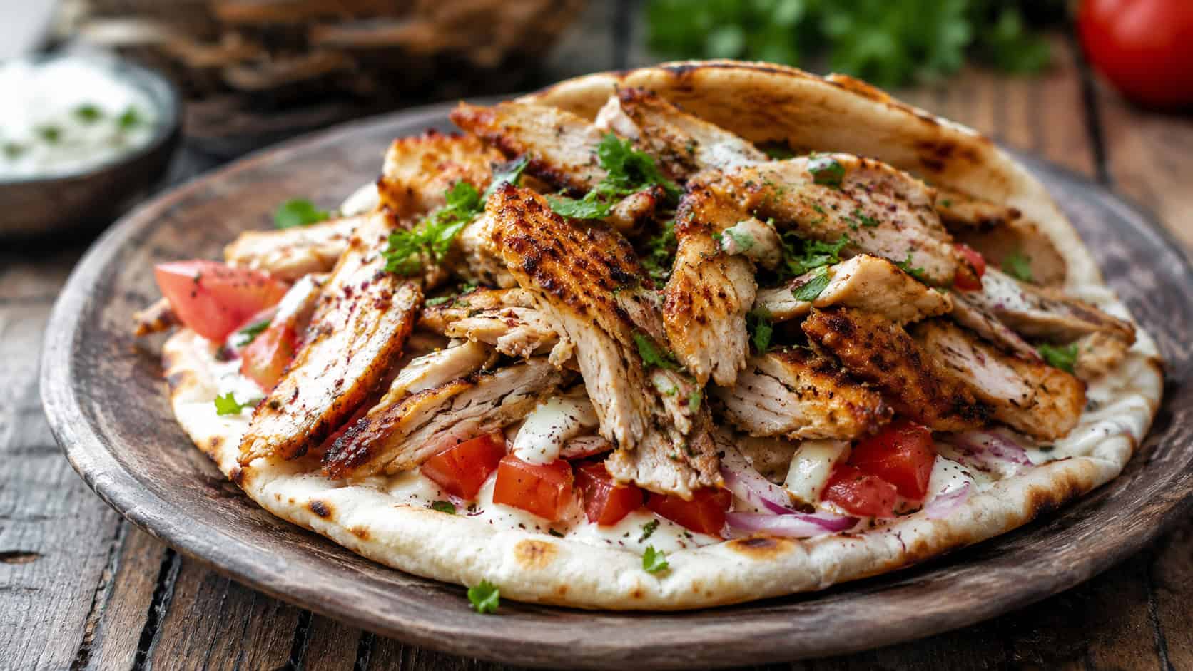 thinly sliced crispy chicken shawarma piled over warm pita with tomatoes and parsley, on a rustic platter on a wooden table, natural light, shallow depth of field, wide horizontal landscape composition