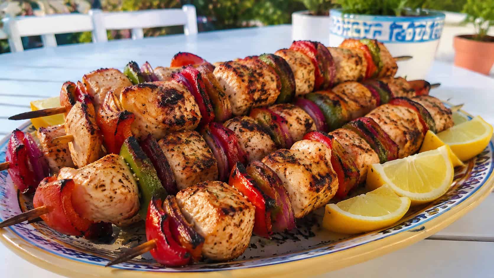 colorful Greek chicken skewers with charred peppers and onions arranged on a platter with lemon wedges, on a bright patio table, natural light, shallow depth of field, wide horizontal landscape composition