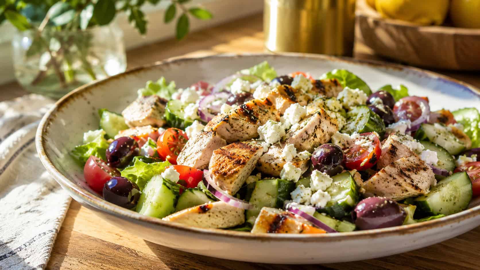 a vibrant Mediterranean chicken salad with olives, cucumber and feta in a wide shallow bowl, on a sunny kitchen table, natural light, shallow depth of field, wide horizontal landscape composition