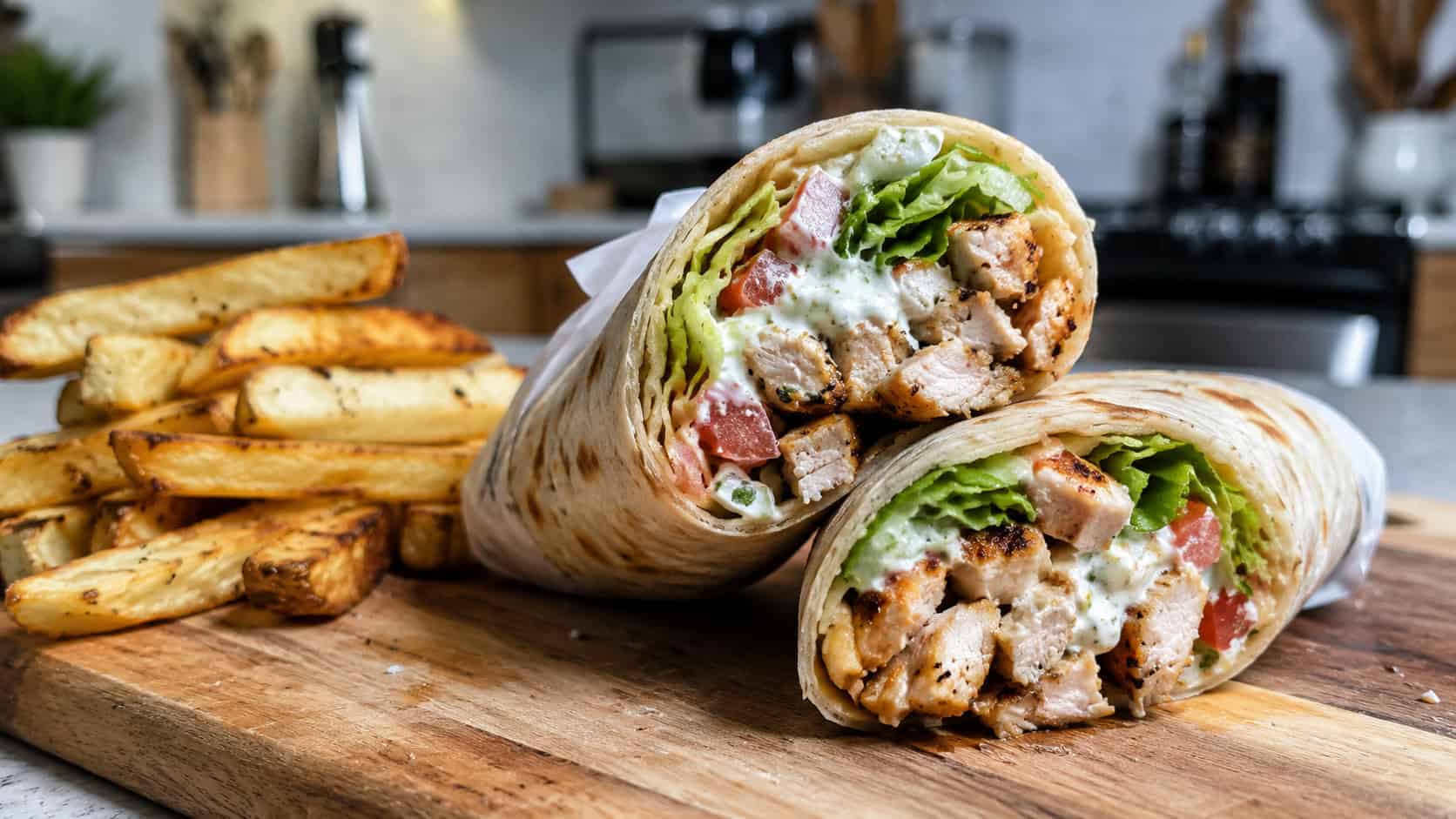 two chicken gyro wraps cut open to show juicy chicken and creamy sauce, on a wooden board with fries, on a casual kitchen counter, natural light, shallow depth of field, wide horizontal landscape composition