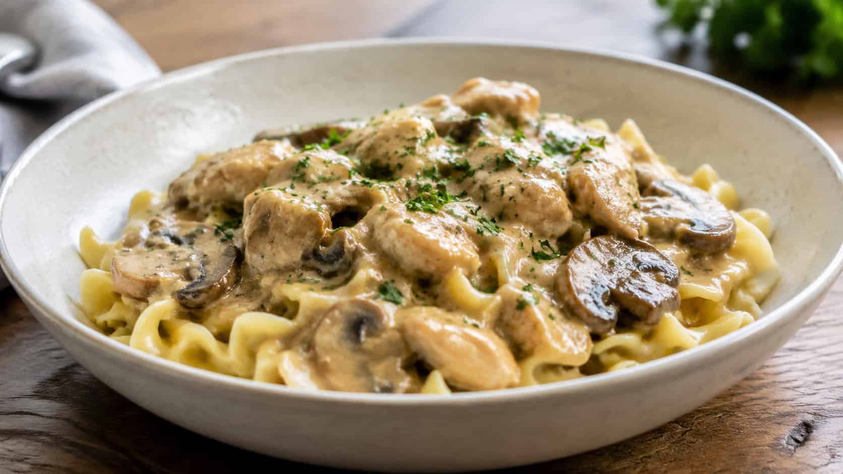 a wide horizontal bowl of creamy chicken mushroom stroganoff over egg noodles with parsley, in a shallow bowl, on a wood table, natural light, shallow depth of field, landscape orientation