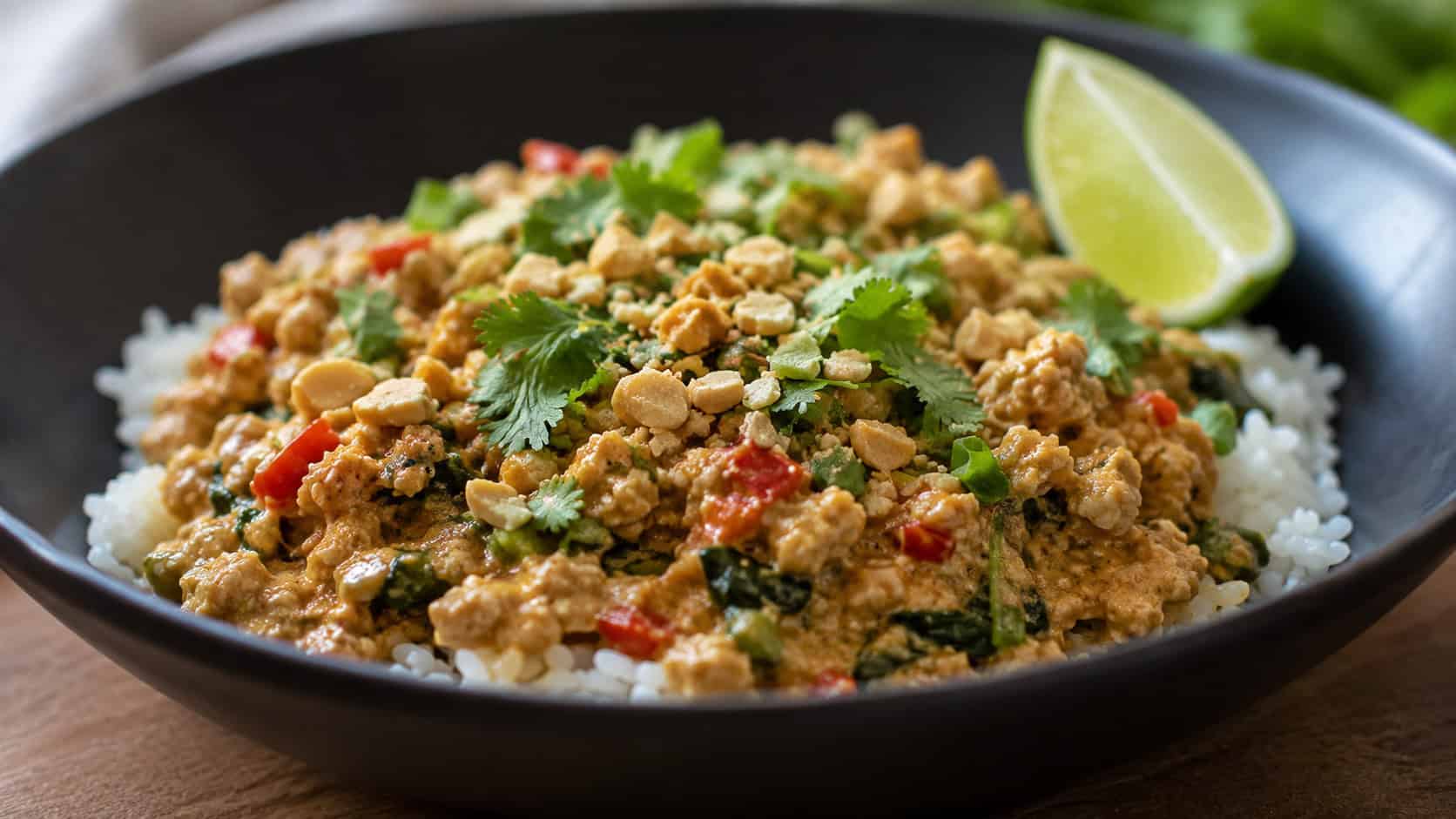 a wide horizontal bowl of creamy Thai peanut ground chicken over rice topped with crushed peanuts, cilantro, and lime, on a dark bowl, natural light, shallow depth of field, landscape orientation