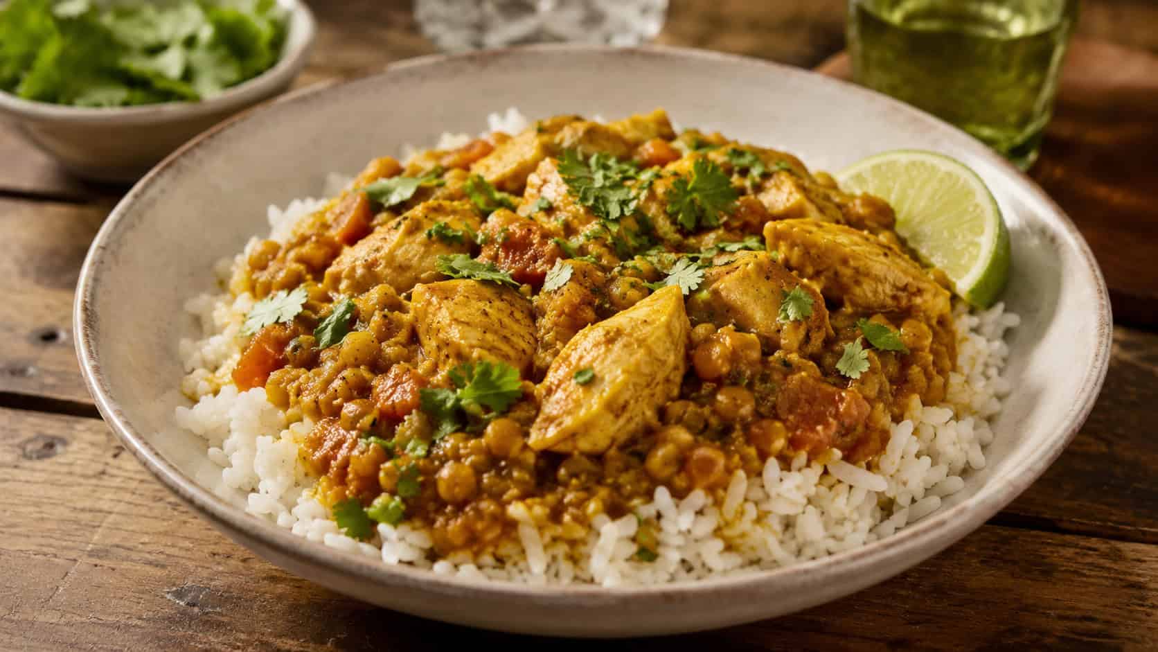 a wide horizontal bowl of golden chicken and lentil curry over rice with cilantro and a lime wedge, on a rustic table, warm natural light, shallow depth of field, landscape orientation