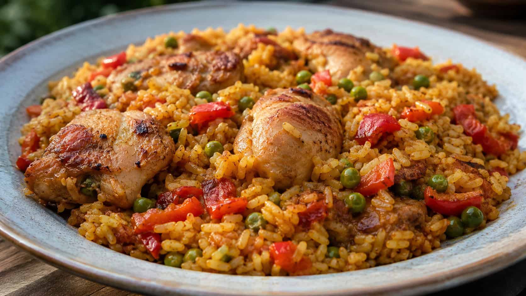 a wide horizontal dish of Spanish chicken and rice flecked with red peppers and peas, smoky golden color, on a ceramic plate, natural light, shallow depth of field, landscape orientation