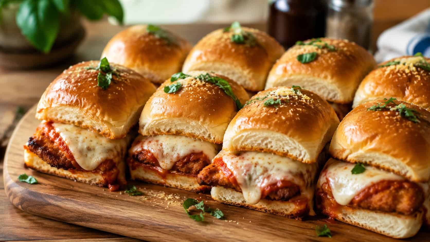 a wide horizontal tray of chicken parmesan sliders with melty mozzarella and marinara on soft buns, basil garnish, on a wood board, warm natural light, shallow depth of field, landscape orientation