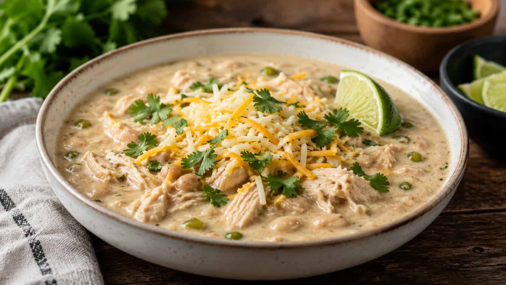a wide horizontal bowl of creamy white chicken chili topped with cheese, cilantro, and lime, on a rustic table, warm natural light, shallow depth of field, landscape orientation
