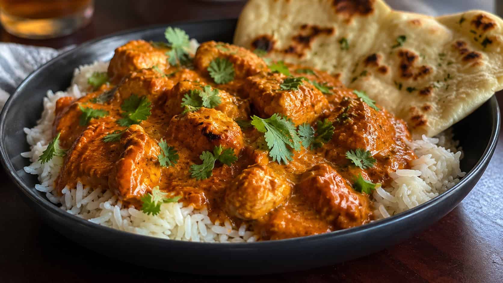 a wide horizontal bowl of creamy orange chicken tikka masala over basmati rice with cilantro and naan, on a dark plate, warm natural light, shallow depth of field, landscape orientation