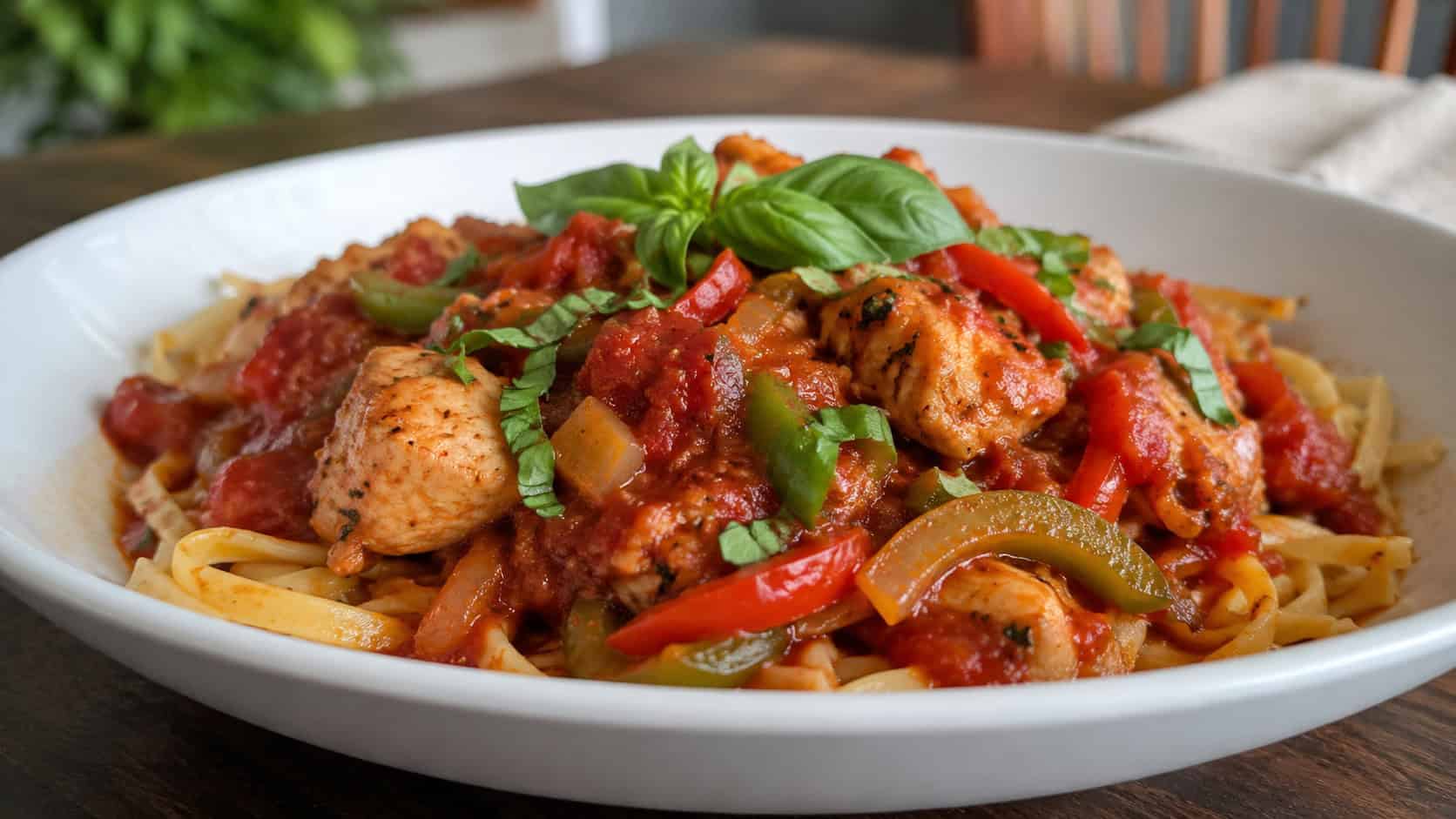 a wide horizontal bowl of rustic chicken cacciatore with peppers and onions in tomato sauce over pasta, basil garnish, on a wood table, natural light, shallow depth of field, landscape orientation