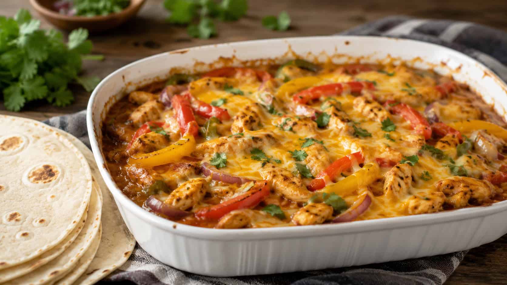 a wide horizontal dish of chicken fajita casserole with colorful peppers, onions, and melted cheese, tortillas alongside, on a rustic table, warm natural light, shallow depth of field, landscape orientation