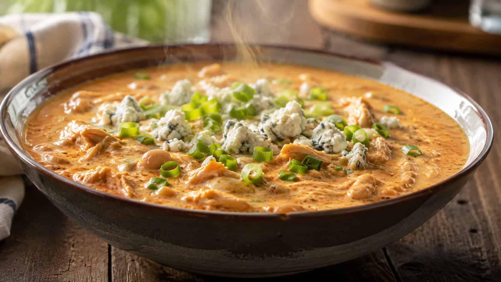 a wide horizontal bowl of creamy buffalo chicken chili topped with blue cheese and green onion, steam rising, on a rustic table, warm natural light, shallow depth of field, landscape orientation