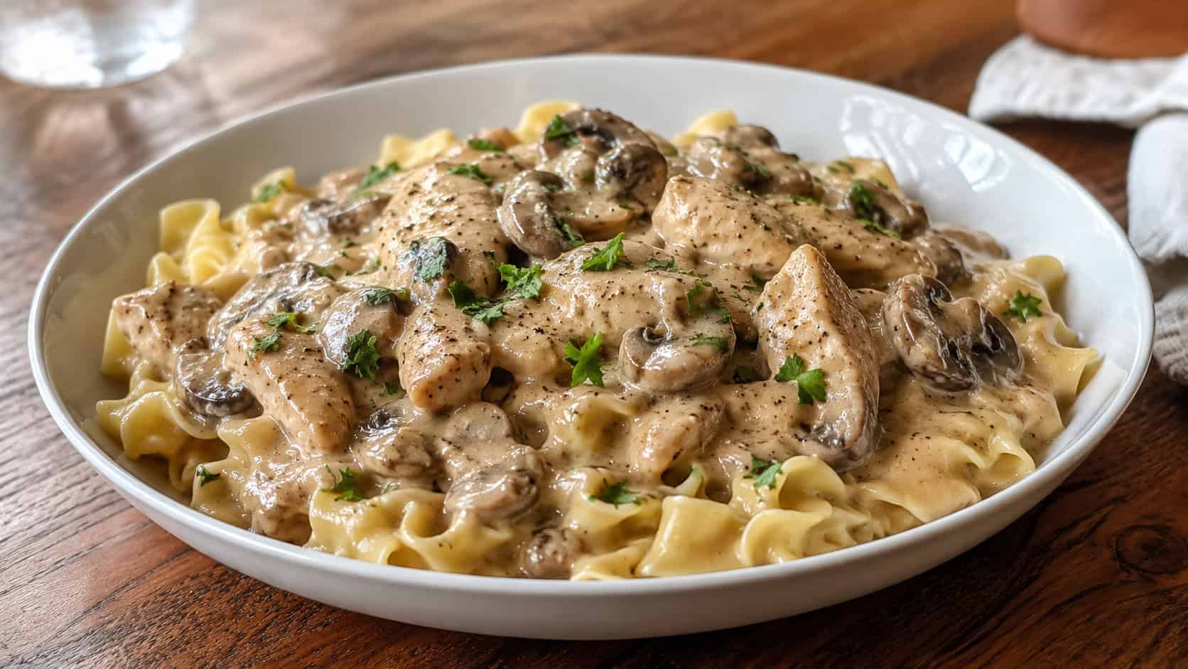 a wide horizontal bowl of mushroom chicken stroganoff over egg noodles, rich creamy sauce with mushrooms, parsley on top, on a wood table, natural light, shallow depth of field, landscape orientation