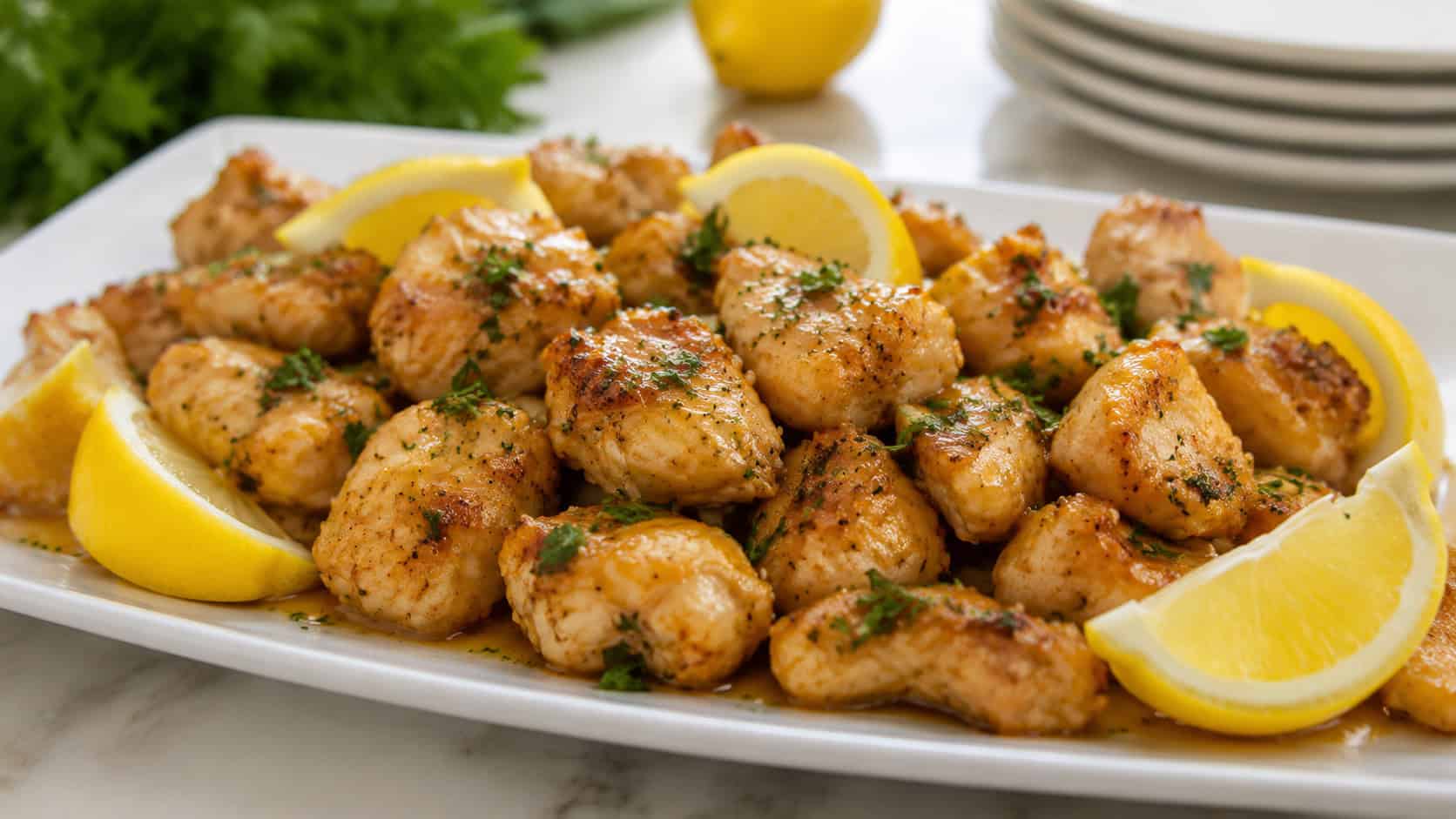 a wide horizontal platter of glossy lemon garlic chicken bites with lemon wedges and parsley, on a white plate, bright natural light, shallow depth of field, landscape orientation