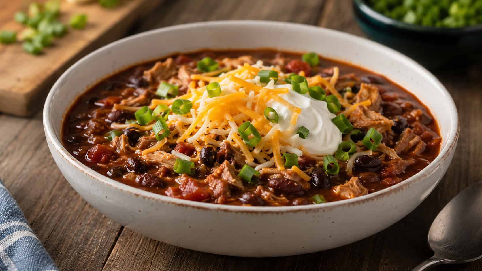 a wide horizontal bowl of hearty black bean chicken chili topped with cheese, sour cream, and green onion, on a rustic table, warm natural light, shallow depth of field, landscape orientation