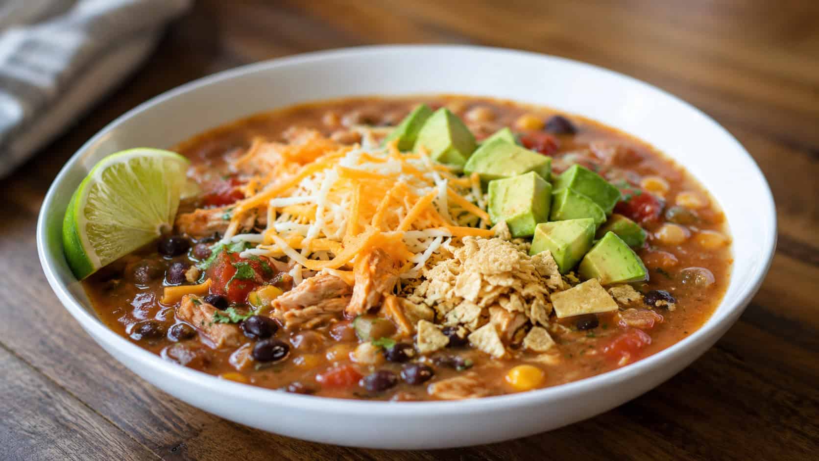 a wide horizontal bowl of chicken taco soup topped with cheese, avocado, and crushed tortilla chips, lime wedge on the side, on a wood table, natural light, shallow depth of field, landscape orientation