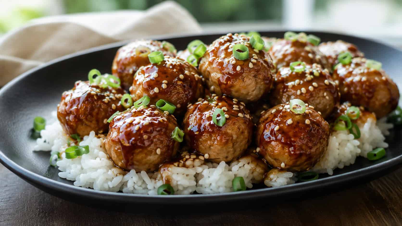 a wide horizontal plate of glossy teriyaki chicken meatballs garnished with sesame seeds and scallions over rice, on a dark plate, soft natural light, shallow depth of field, landscape orientation