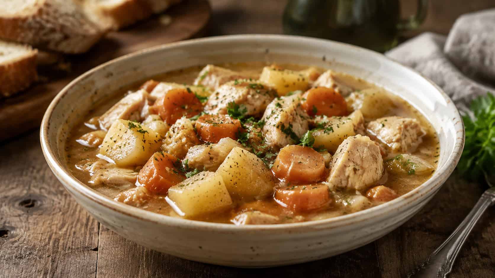 a wide horizontal bowl of hearty chicken and vegetable stew with potatoes and carrots in a rich broth, parsley on top, on a rustic table, warm natural light, shallow depth of field, landscape orientation