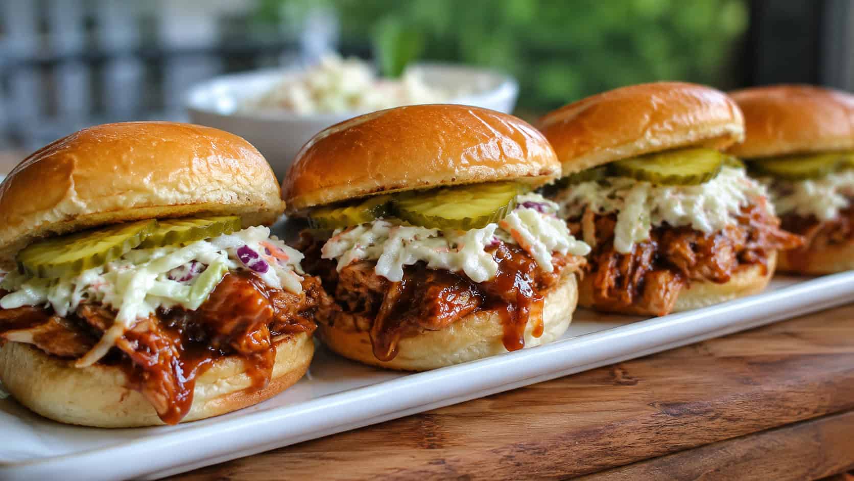 a wide horizontal platter of saucy BBQ chicken sliders on soft buns with pickles and coleslaw, on a wood board, natural light, shallow depth of field, landscape orientation