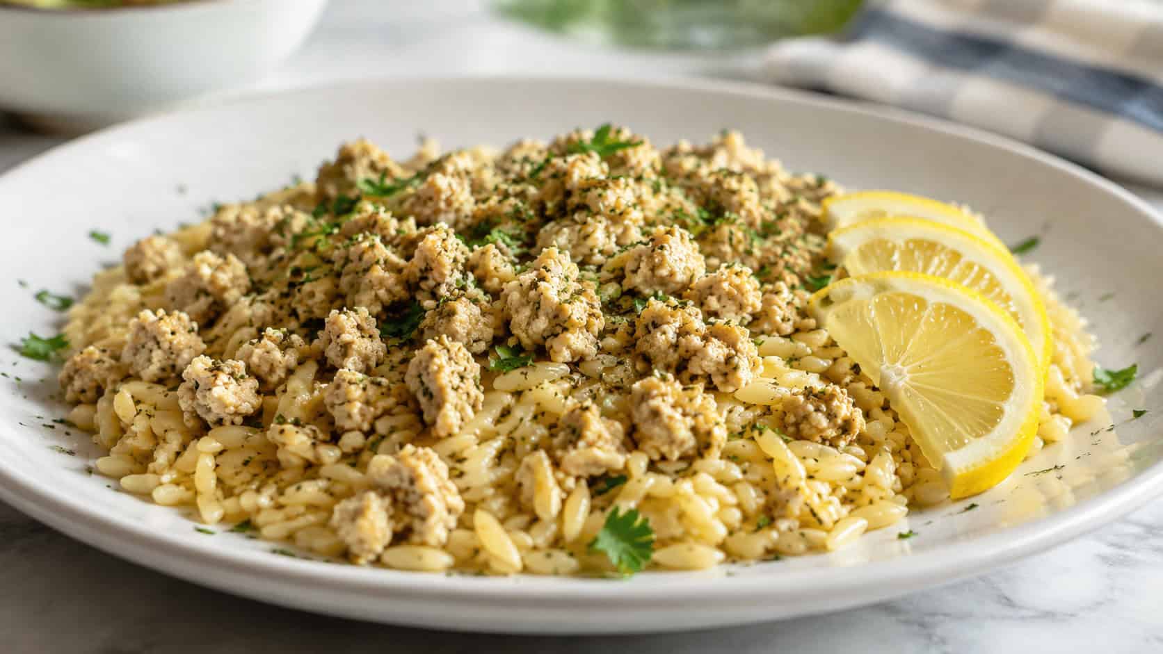 a wide horizontal plate of lemon herb ground chicken over orzo with lemon slices and fresh herbs, on a white plate, bright natural light, shallow depth of field, landscape orientation