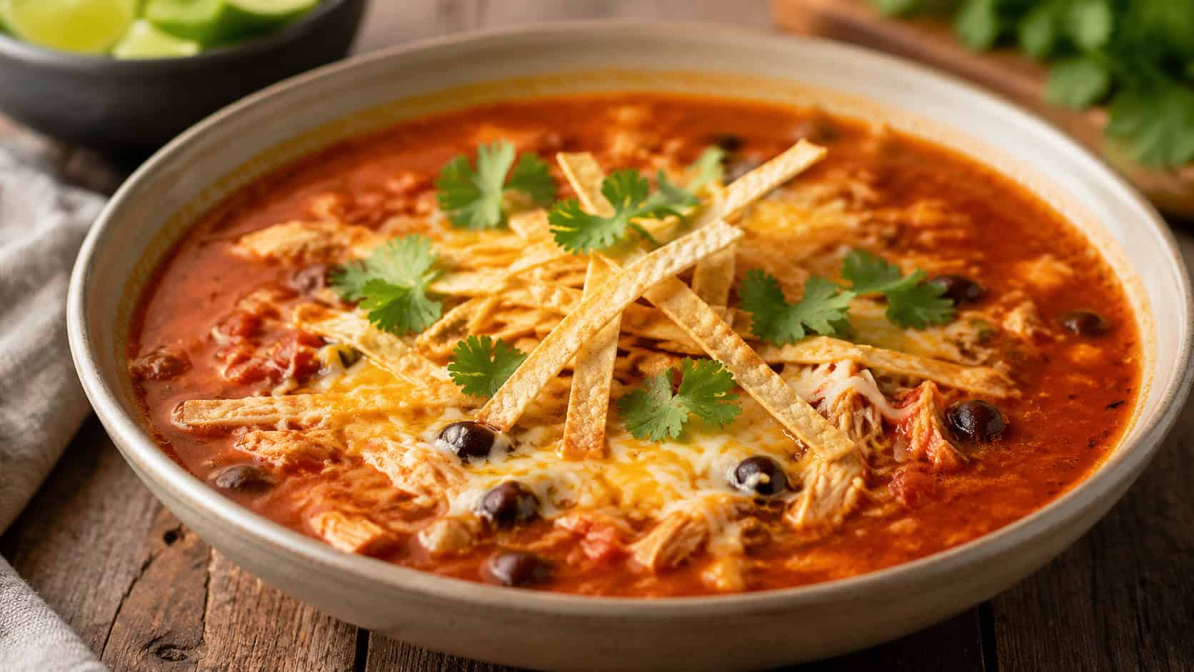 a wide horizontal bowl of red chicken enchilada soup topped with melted cheese, tortilla strips, and cilantro, on a rustic table, warm natural light, shallow depth of field, landscape orientation