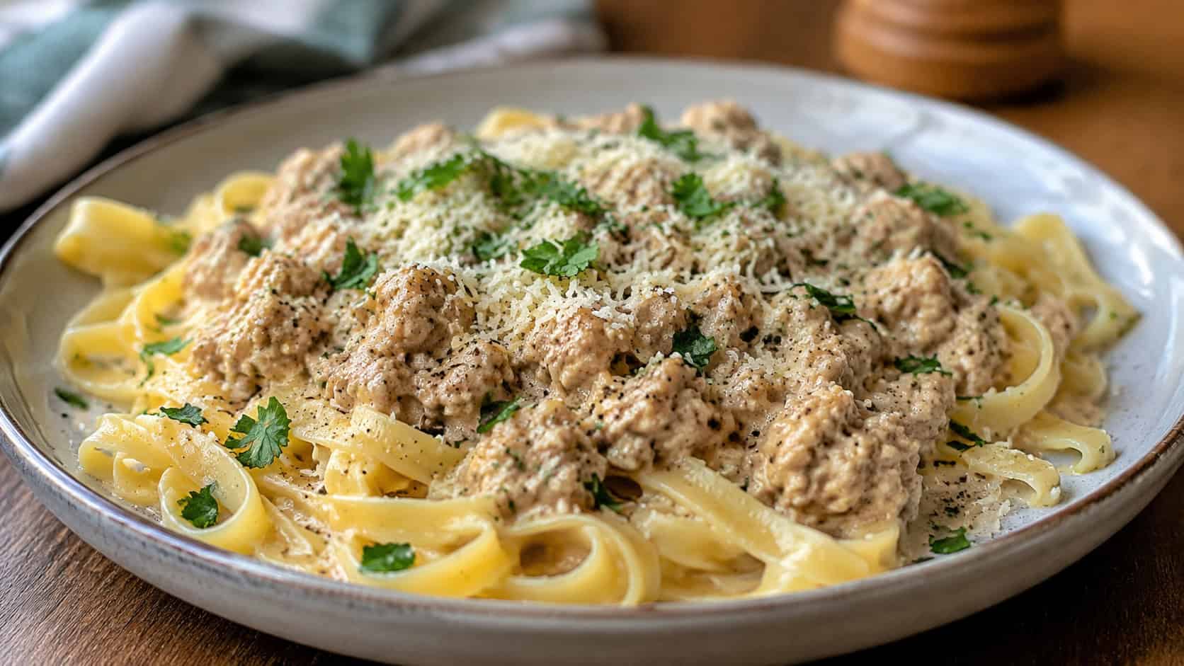 a wide horizontal plate of creamy Italian ground chicken over pasta with parsley and Parmesan, on a ceramic plate, soft natural light, shallow depth of field, landscape orientation