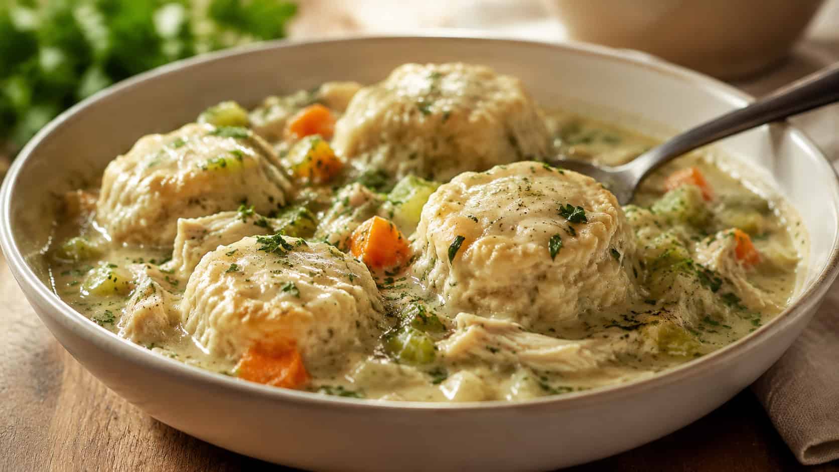 a wide horizontal bowl of chicken and dumplings with fluffy biscuit dumplings in creamy gravy, fresh parsley, warm natural light, shallow depth of field, landscape orientation
