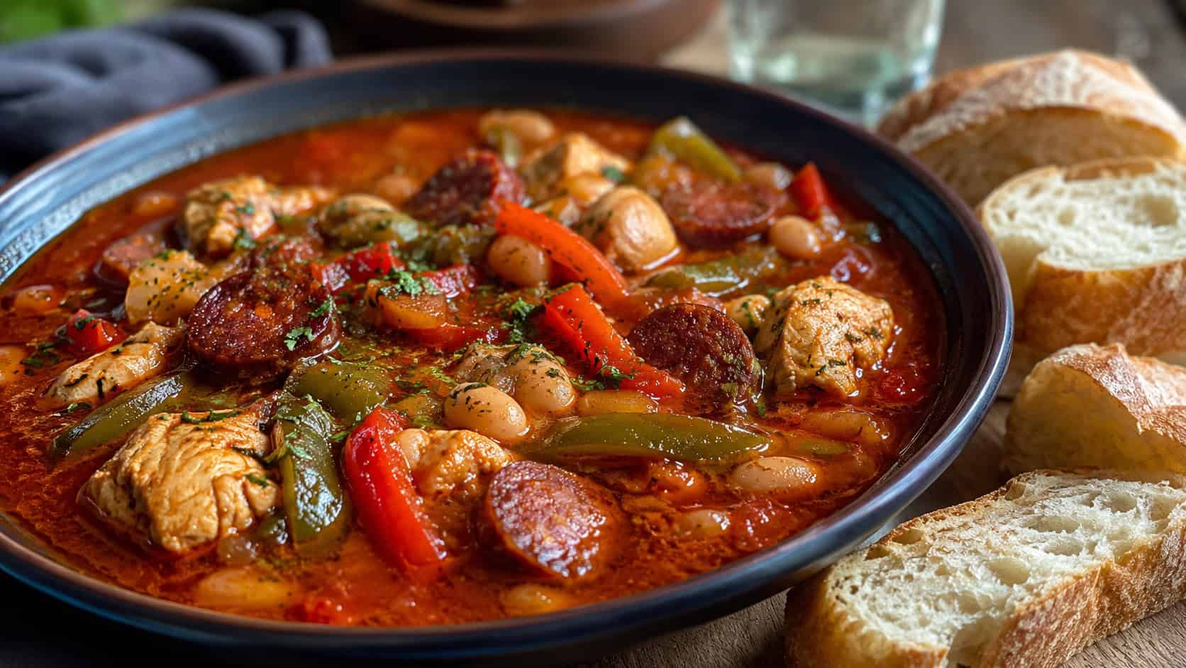 a wide horizontal bowl of spicy chicken and chorizo stew with peppers and beans in rich red broth, crusty bread alongside, natural light, shallow depth of field, landscape orientation