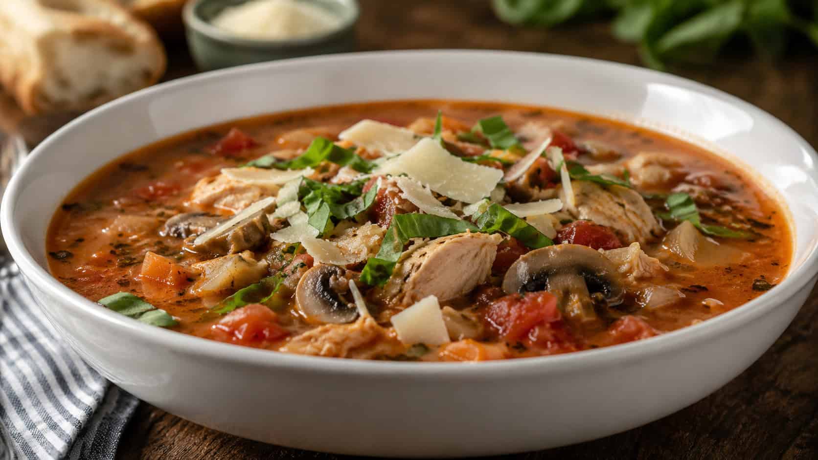 a wide horizontal bowl of Italian chicken and mushroom soup in a tomato-herb broth, fresh basil and Parmesan, warm natural light, shallow depth of field, landscape orientation