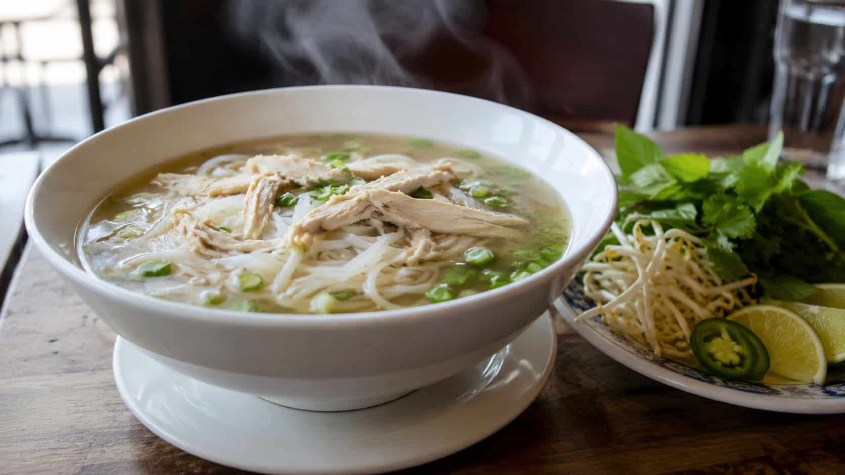 a wide horizontal bowl of chicken pho with rice noodles, shredded chicken, and a pile of fresh herbs, lime and sprouts alongside, steam rising, natural light, shallow depth of field, landscape orientation