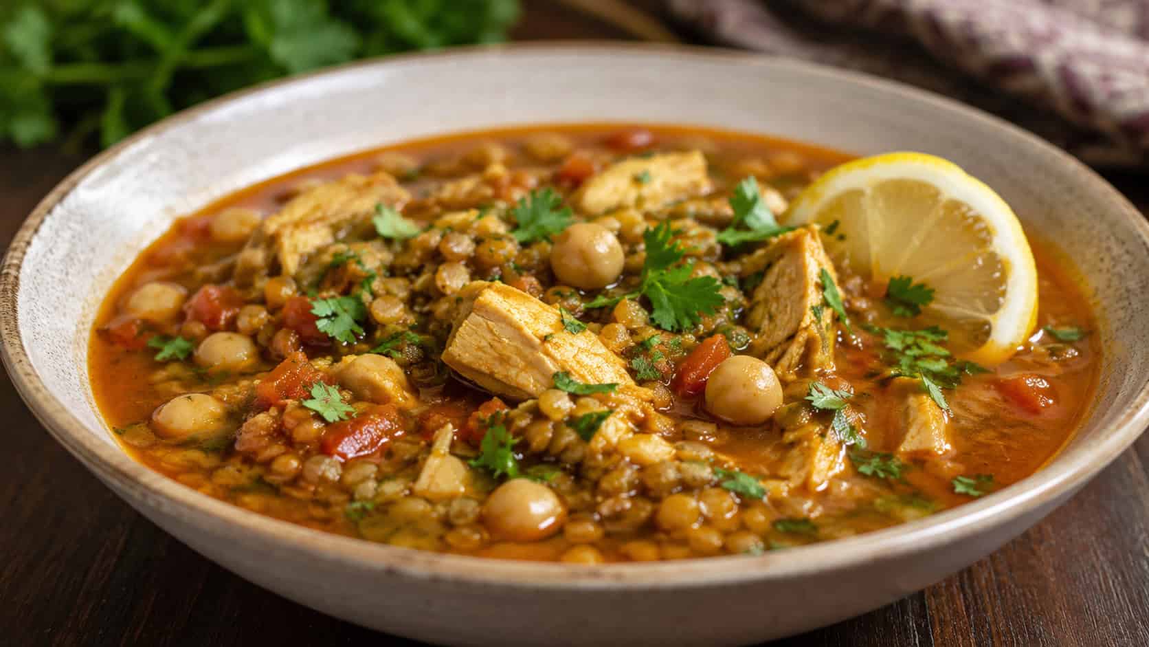 a wide horizontal bowl of Moroccan chicken and lentil soup with chickpeas in a spiced tomato broth, cilantro and lemon, warm natural light, shallow depth of field, landscape orientation