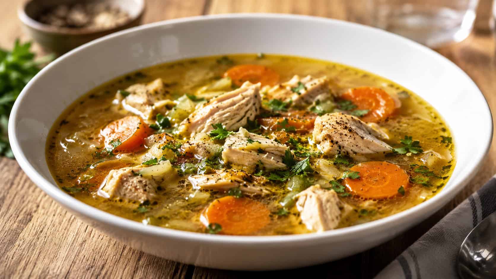 a wide horizontal bowl of roasted garlic chicken soup with carrots in a golden broth, fresh parsley, warm natural light, shallow depth of field, landscape orientation
