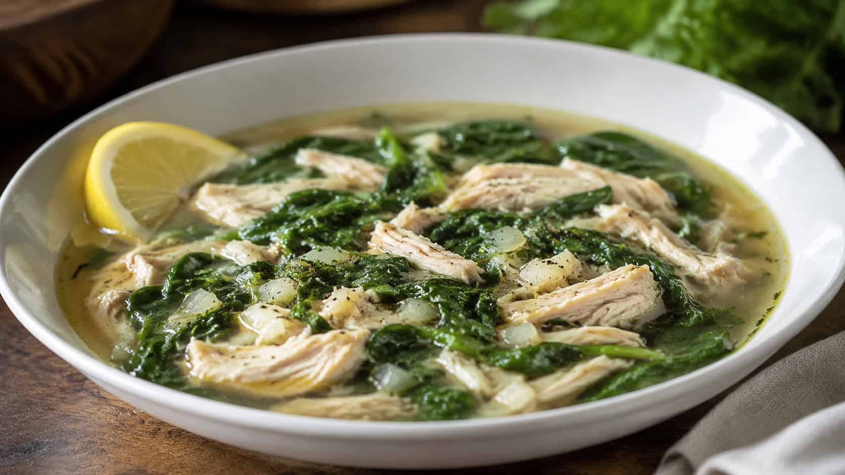 a wide horizontal bowl of chicken and spinach soup with shredded chicken and bright green spinach in clear broth, lemon wedge, natural light, shallow depth of field, landscape orientation