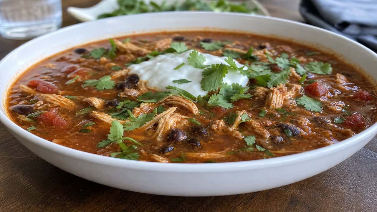 a wide horizontal bowl of smoky chipotle chicken soup with black beans in a deep red broth, sour cream and cilantro, natural light, shallow depth of field, landscape orientation