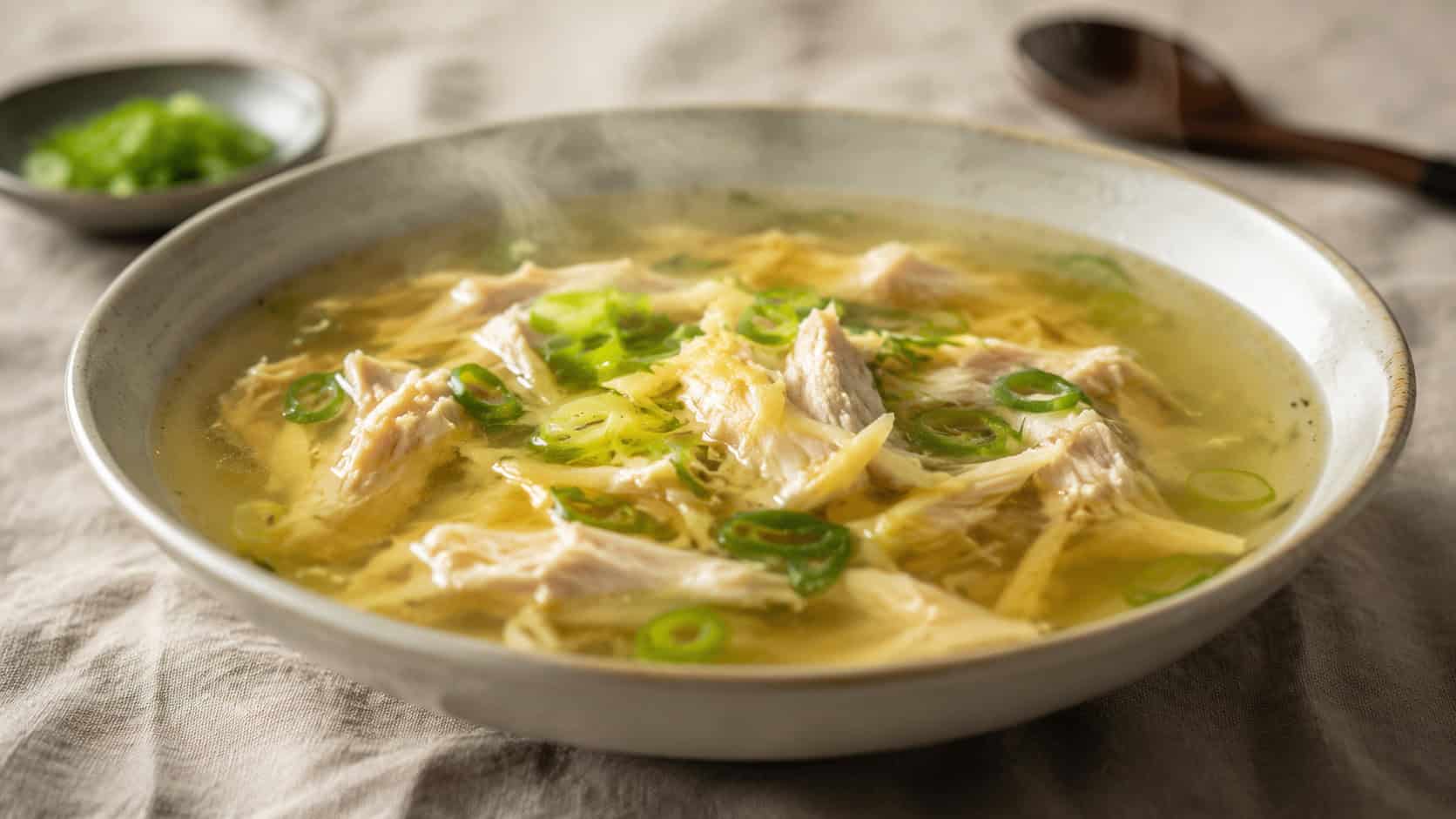 a wide horizontal bowl of clear ginger chicken soup with sliced scallions and shredded chicken, steam rising over a light linen surface, natural light, shallow depth of field, landscape orientation