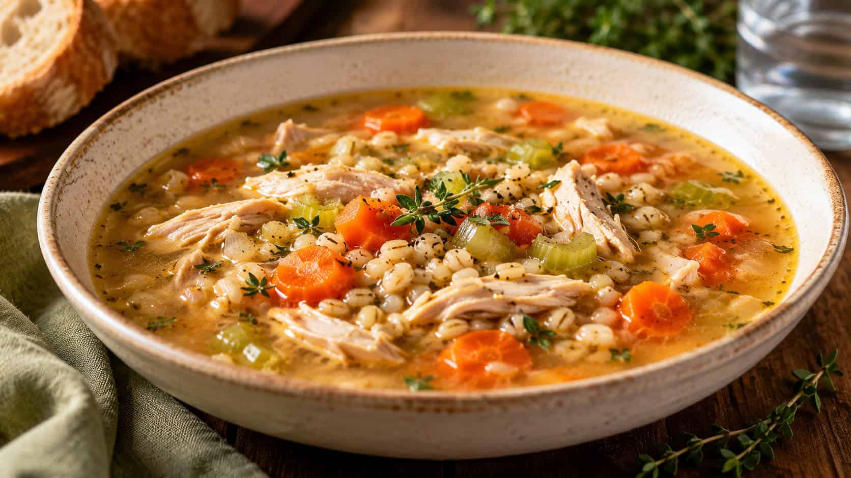 a wide horizontal bowl of chicken and barley soup with carrots and celery in a hearty broth, fresh thyme, warm natural light, shallow depth of field, landscape orientation