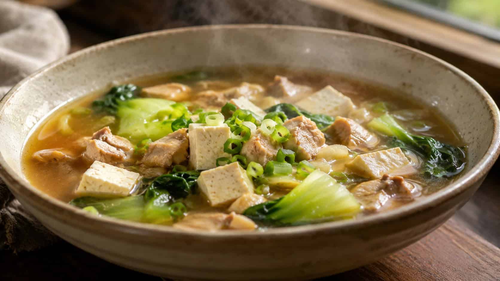 a wide horizontal bowl of miso chicken soup with tofu cubes and bok choy in savory broth, scallions on top, steam rising, natural light, shallow depth of field, landscape orientation