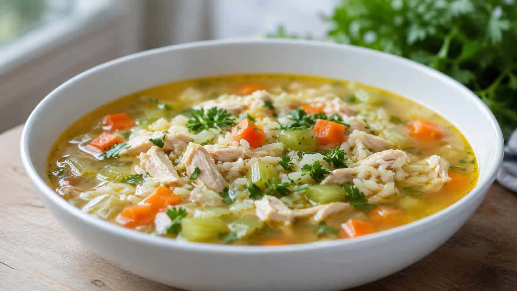 a wide horizontal bowl of chicken and rice soup with carrots, celery, and fluffy rice in golden broth, fresh parsley, natural light, shallow depth of field, landscape orientation