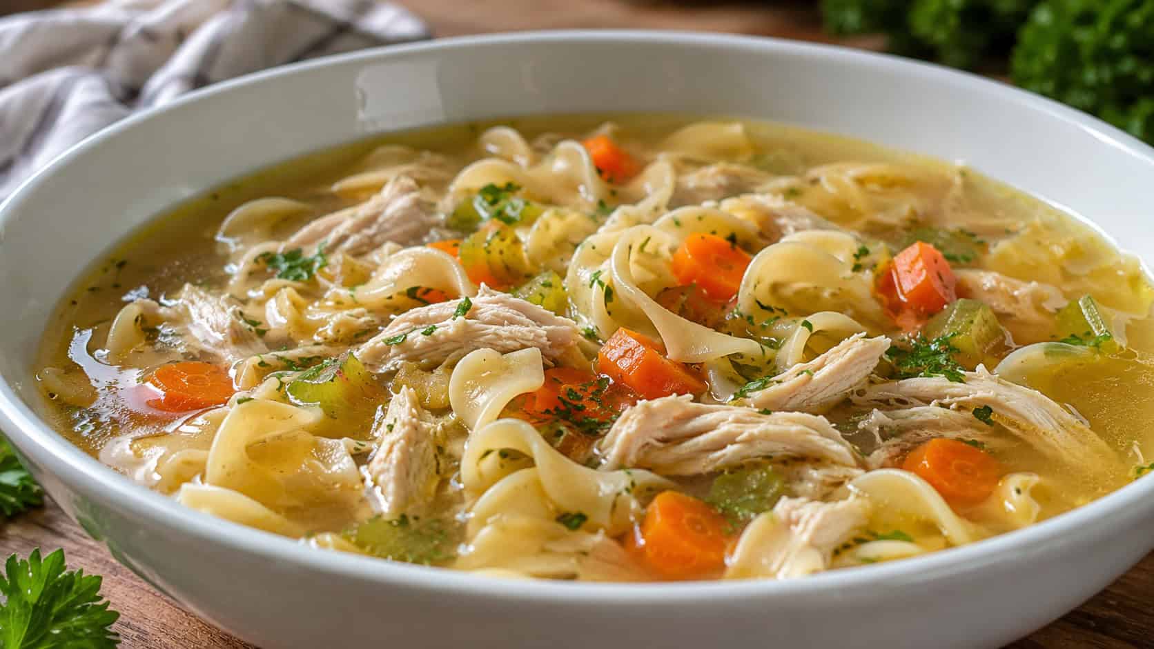 a wide horizontal bowl of classic chicken noodle soup with carrots, celery, and egg noodles in golden broth, fresh parsley, natural light, shallow depth of field, landscape orientation