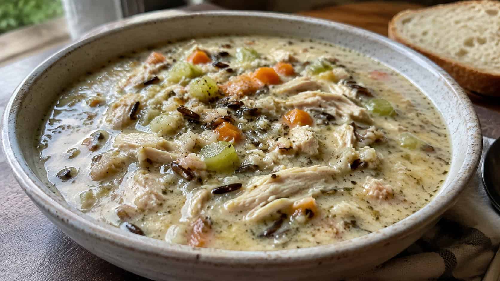 a wide horizontal bowl of creamy chicken and wild rice soup, thick pale broth flecked with wild rice and vegetables, warm natural light, shallow depth of field, landscape orientation